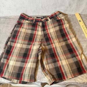 Billabong Plaid Shorts Mens 34 Tan Red Black Surf Casual Cotton Blend